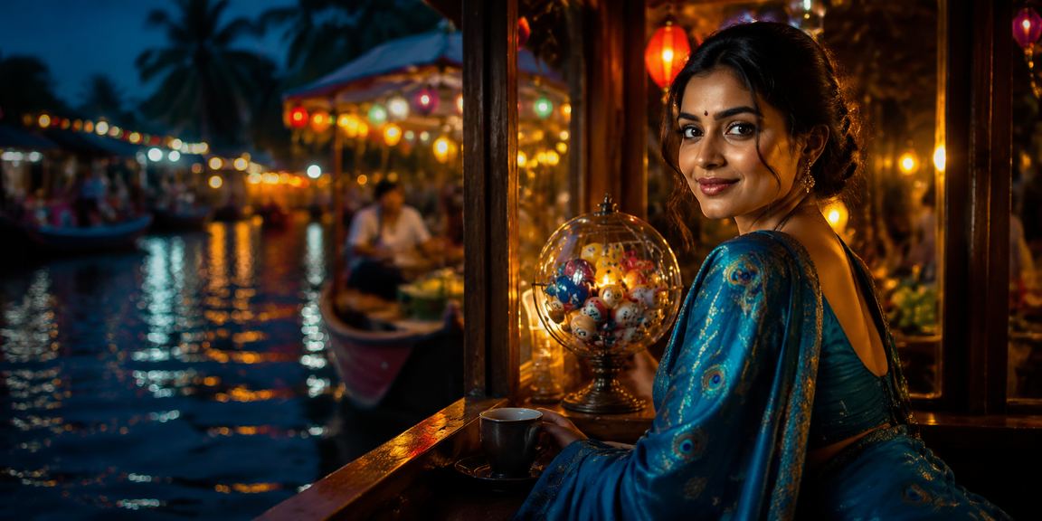 Colorful lottery ticket booths on the Kerala backwaters with traditional sarees